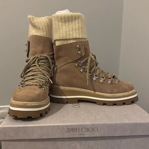 EUC Jimmy Choo Suede Boots with Knitted Sock in color Stone - Size 38.5